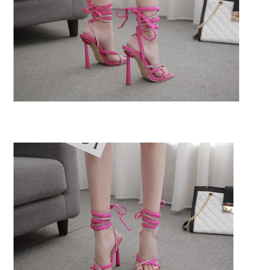 Fashion Rose Red Woven Hollow Stiletto Heels With Winding Straps,Slippers