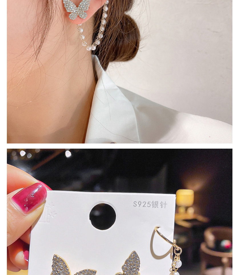 Fashion Silver Color Needle-butterfly Ear Clip Integrated Long Chain Butterfly Geometric Ear Clamp Earrings,Clip & Cuff Earrings