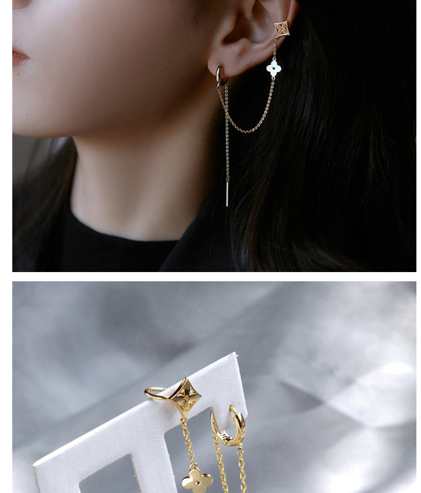 Fashion Silver Color Needle-real Gold Plating Flowers Long Chain Butterfly Geometric Ear Clamp Earrings,Clip & Cuff Earrings