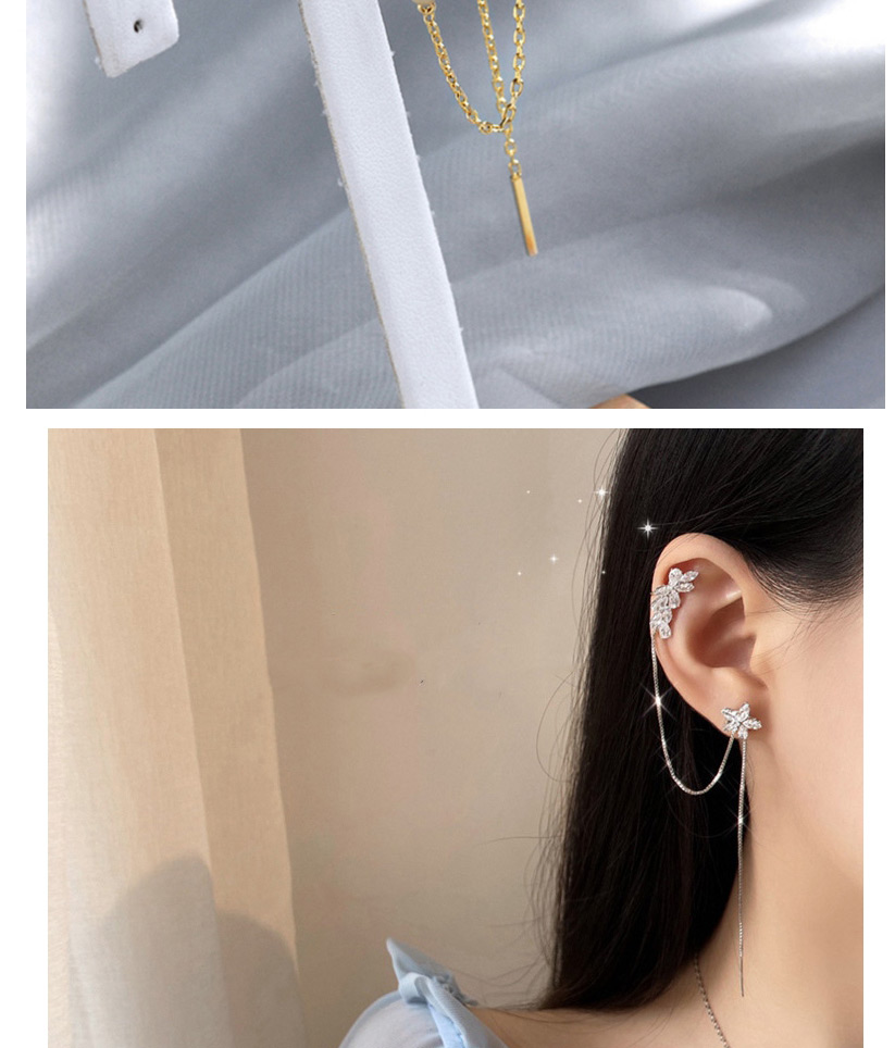 Fashion Silver Color Needle-real Gold Plating Flowers Long Chain Butterfly Geometric Ear Clamp Earrings,Clip & Cuff Earrings