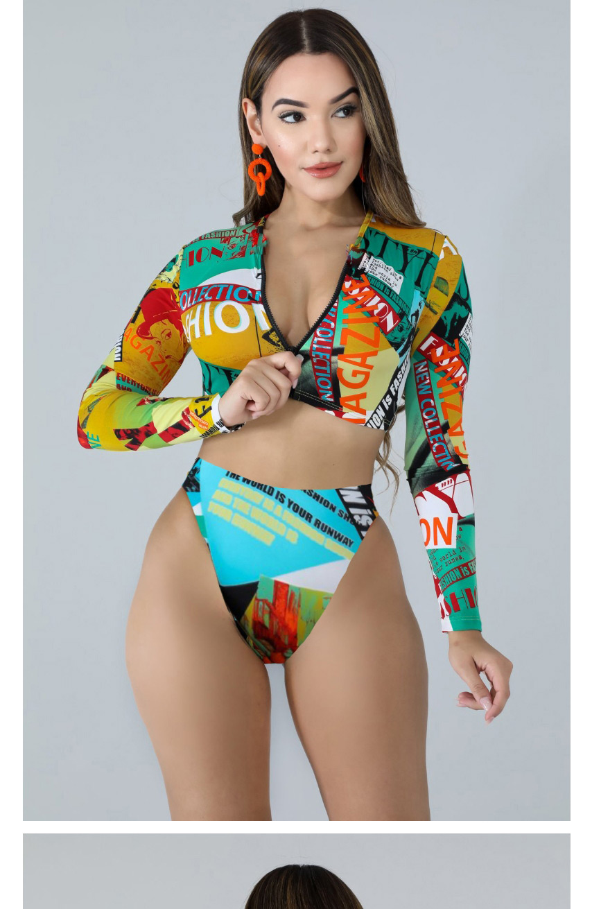 Fashion Picture Color 1 Long Sleeve High Waist Printed Zip Split Swimsuit,Swimwear Sets