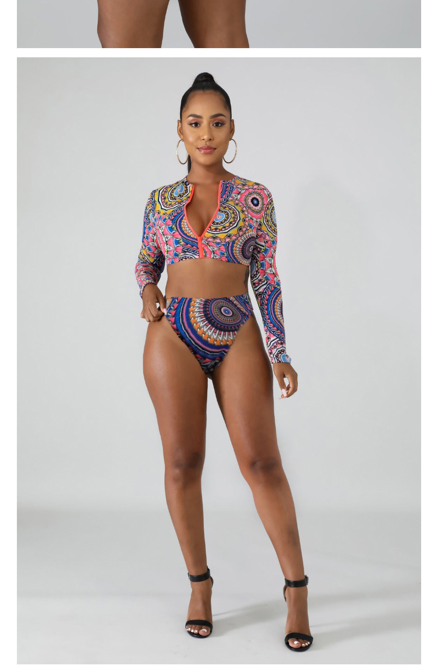 Fashion Picture Color 1 Long Sleeve High Waist Printed Zip Split Swimsuit,Swimwear Sets