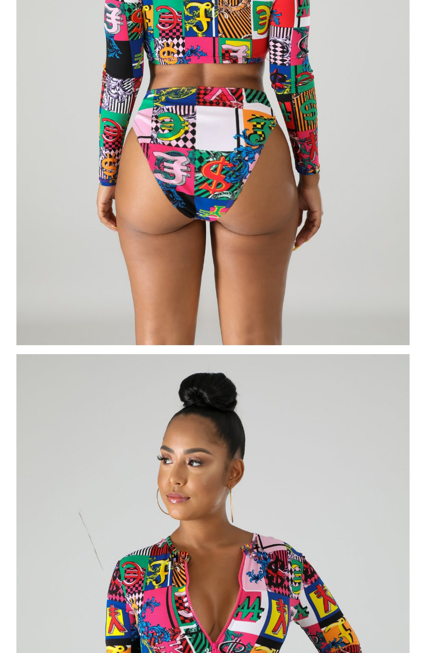 Fashion Picture Color 4 Long Sleeve High Waist Printed Zip Split Swimsuit,Swimwear Sets