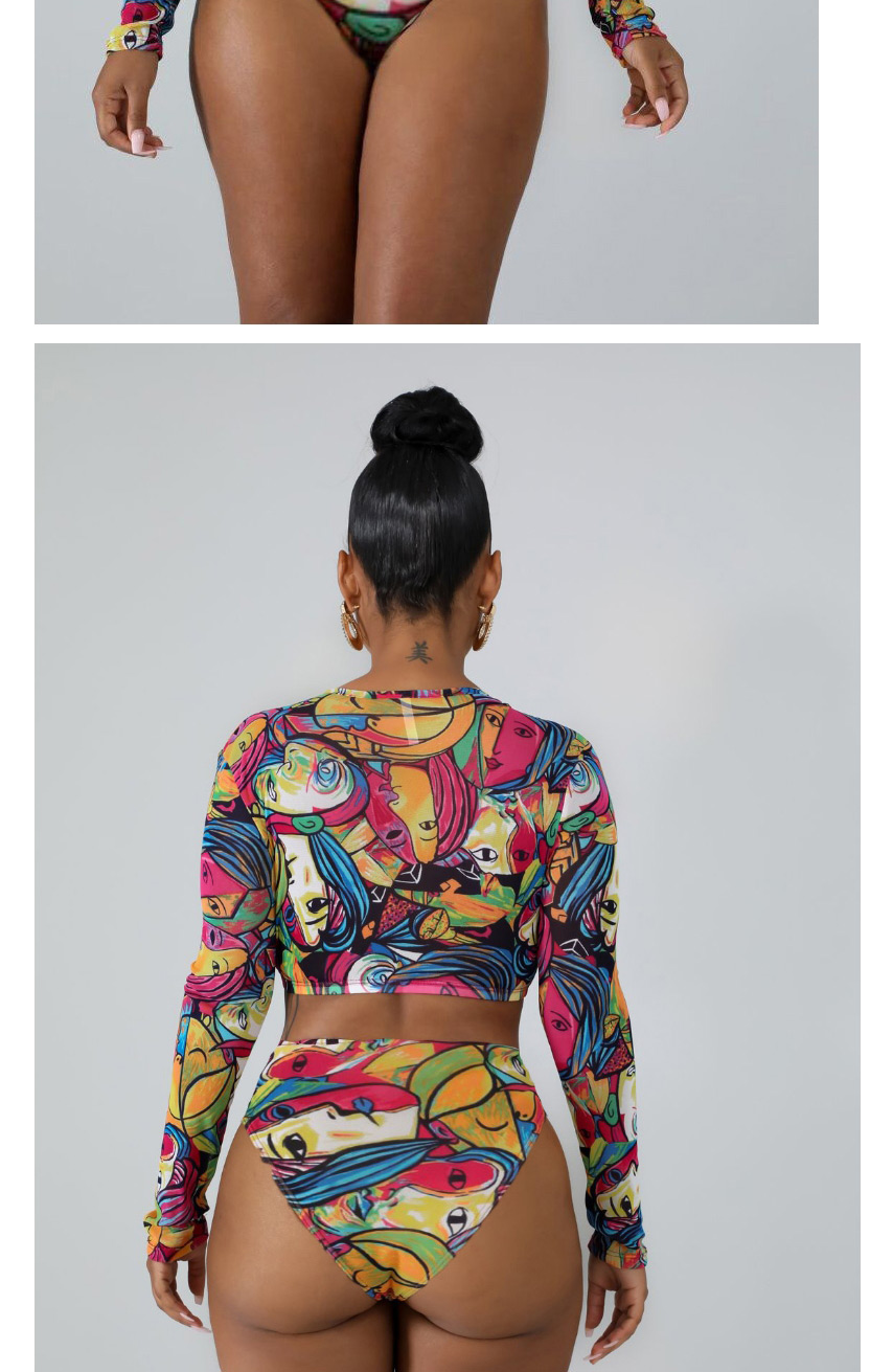 Fashion Picture Color 4 Long Sleeve High Waist Printed Zip Split Swimsuit,Swimwear Sets
