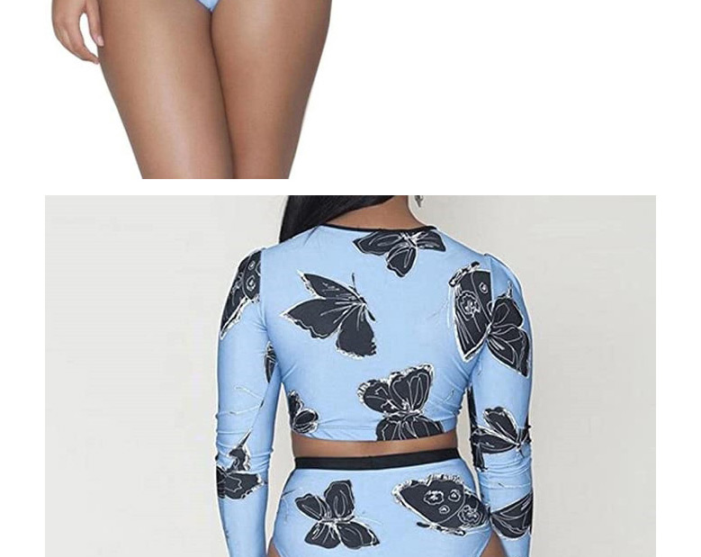 Fashion Flowers Long Sleeve High Waist Printed Split Swimsuit,Swimwear Sets