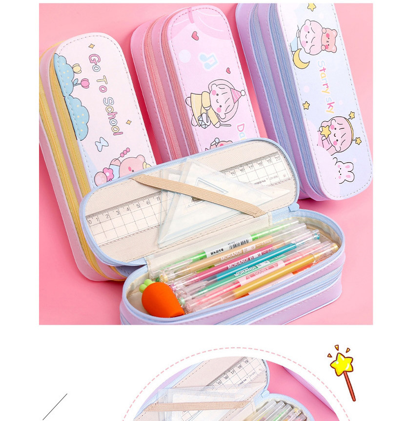 Fashion Pink Airplane Rabbit Large-capacity Canvas Print Double-layer Pencil Case,Pencil Case/Paper Bags