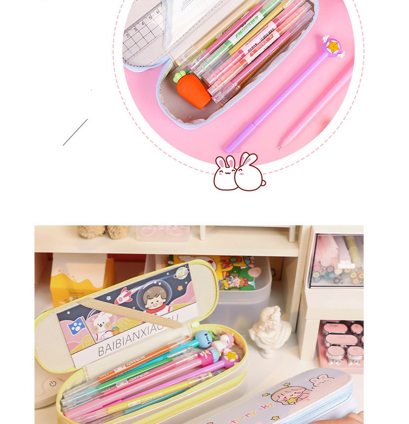 Fashion Pink Airplane Rabbit Large-capacity Canvas Print Double-layer Pencil Case,Pencil Case/Paper Bags