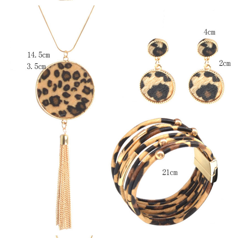 Fashion Four-leaf Clover Set Leopard Print Geometric Tassel Magnet Buckle Earrings Bracelet Necklace,Jewelry Sets