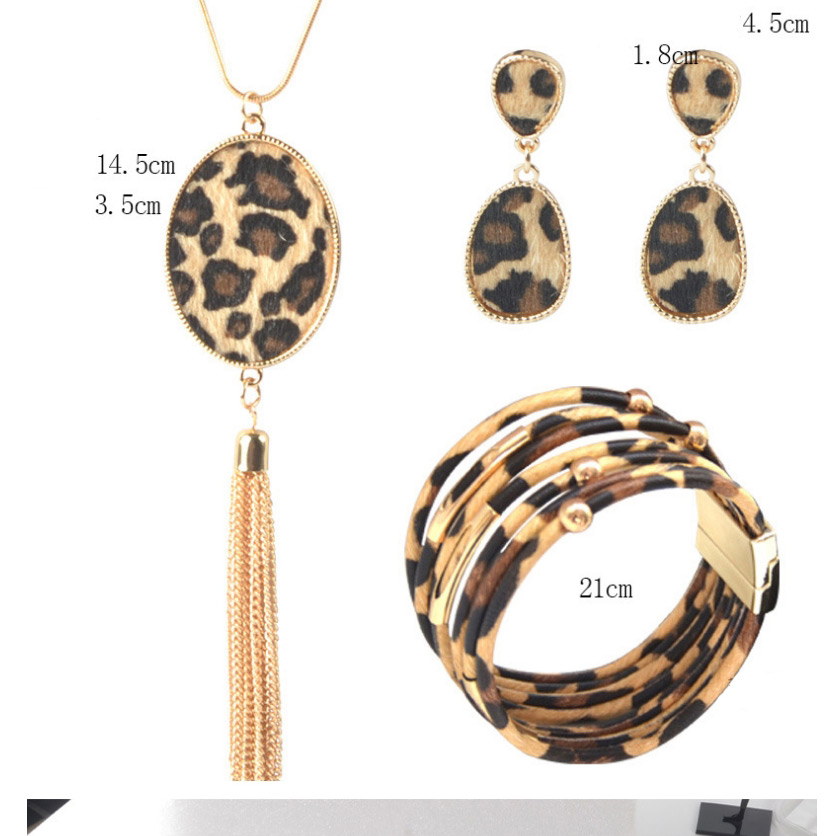 Fashion Four-leaf Clover Set Leopard Print Geometric Tassel Magnet Buckle Earrings Bracelet Necklace,Jewelry Sets