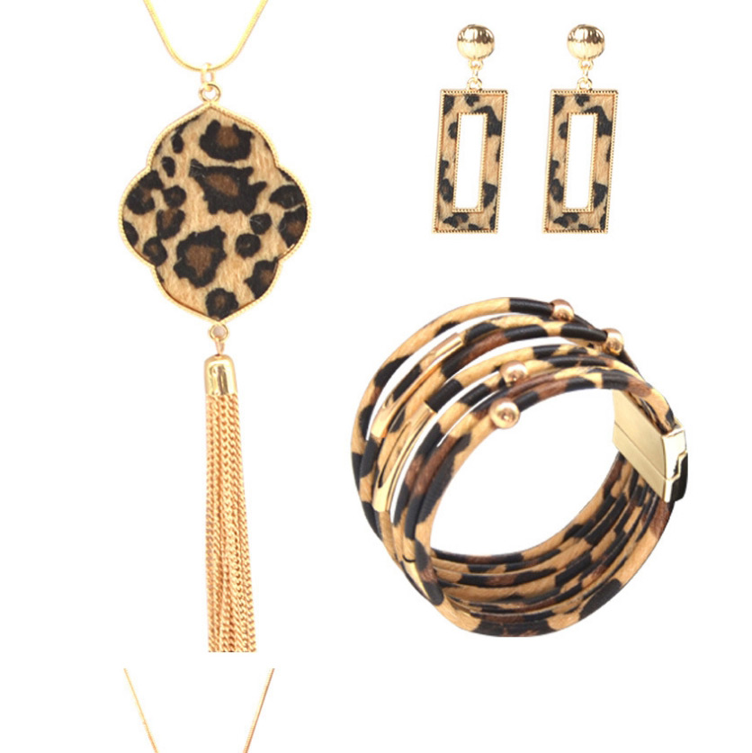 Fashion Anise Set Leopard Print Geometric Tassel Magnet Buckle Earrings Bracelet Necklace,Jewelry Sets