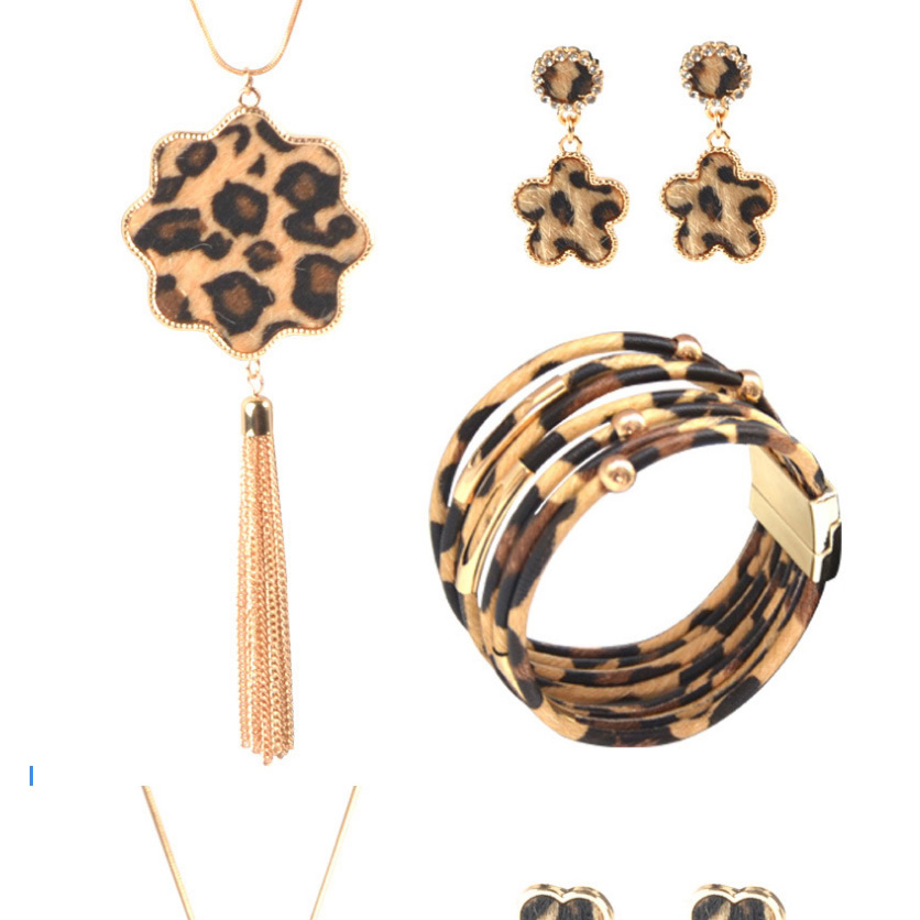 Fashion Anise Set Leopard Print Geometric Tassel Magnet Buckle Earrings Bracelet Necklace,Jewelry Sets