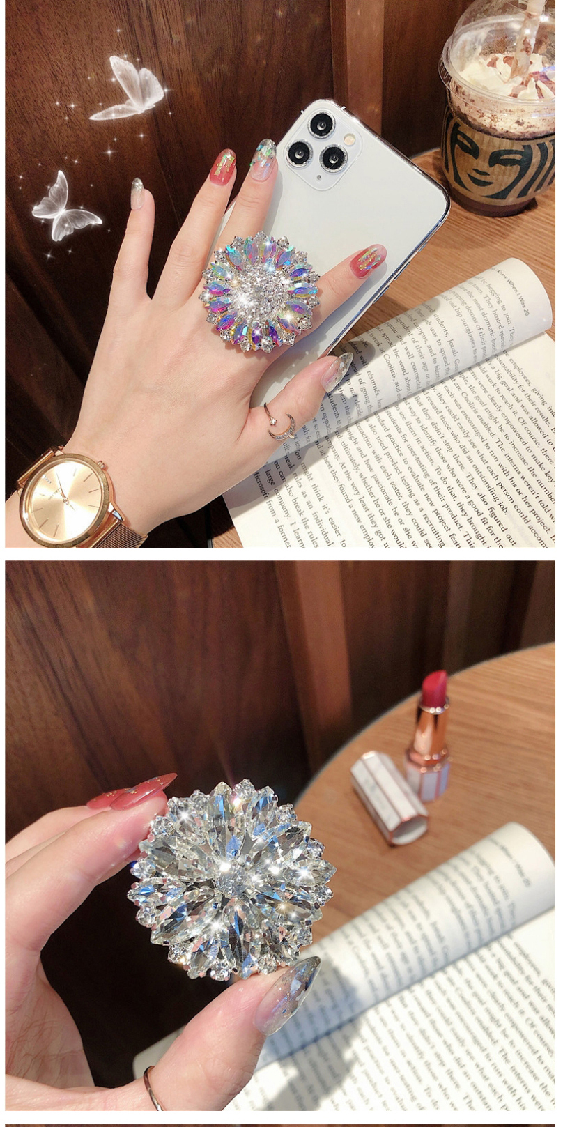 Fashion Big Flower No. 10-blue Jeweled Cubic Crystal Stand Ring Clasp,Phone Hlder