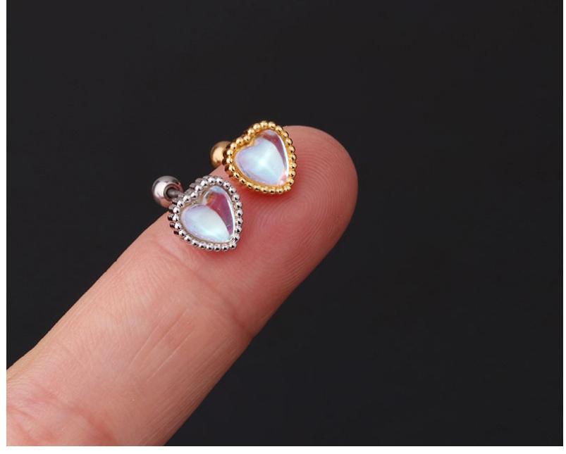 Fashion Peach Heart-gold Color Round Love Moonstone Stainless Steel Piercing Screw Stud Earrings,Earrings