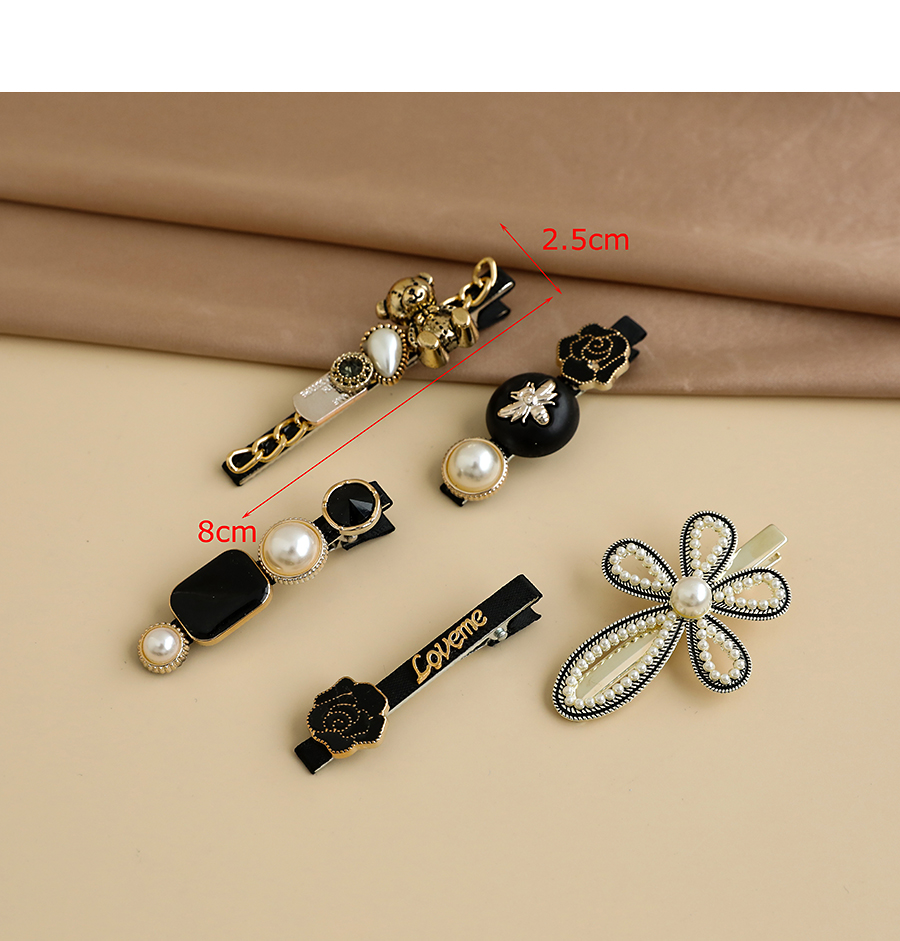 Fashion Black Alloy Resin Pearl Bear Flower Hairpin Set,Hairpins