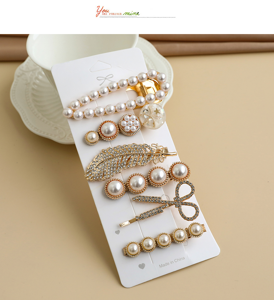 Fashion Golden Alloy Diamond Pearl Scissors Feather Bead Hairpin Set,Hairpins