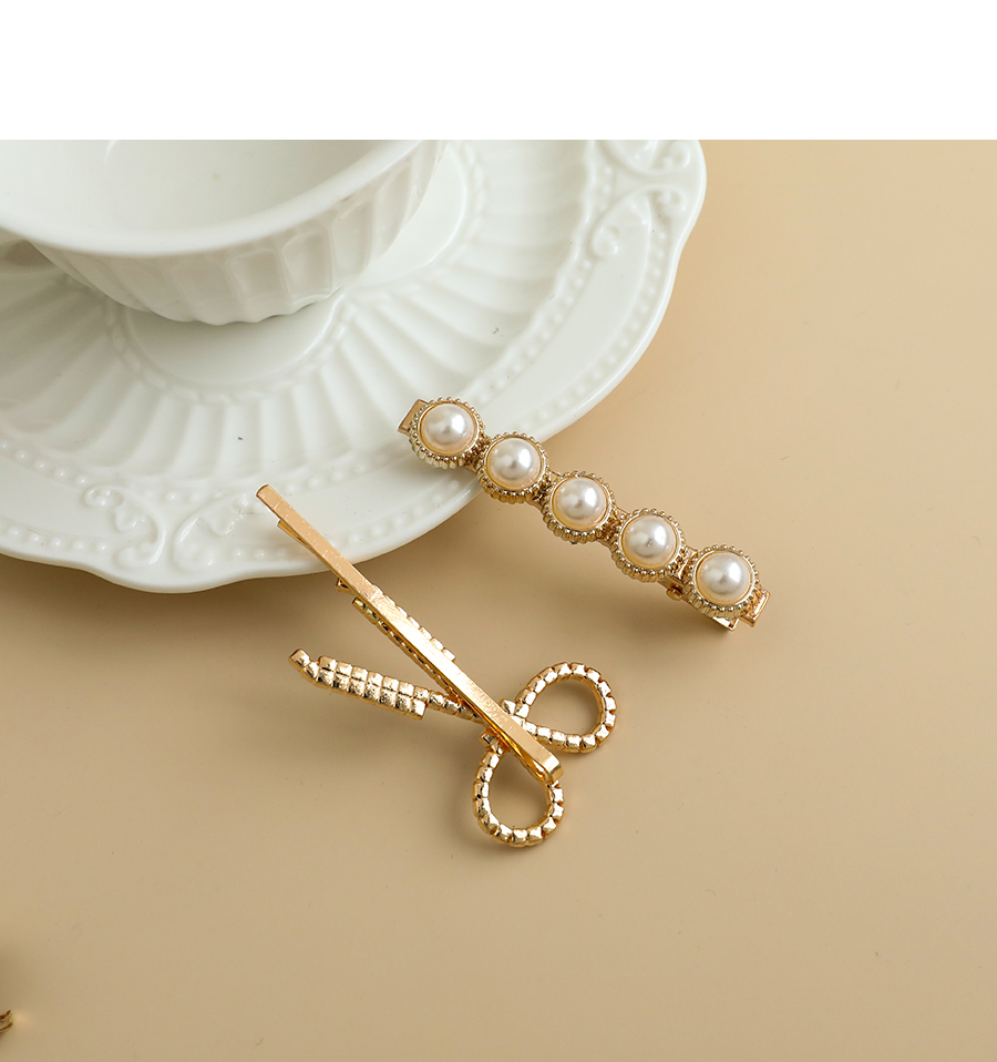 Fashion Golden Alloy Diamond Pearl Scissors Feather Bead Hairpin Set,Hairpins