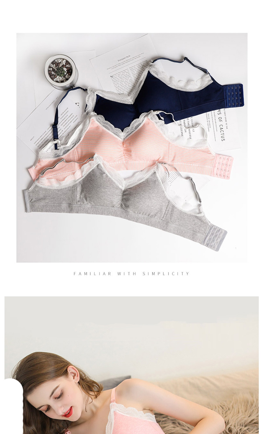Fashion Lace Gray Stripes Non-wire Gathers Cotton Nursing Bra,SLEEPWEAR & UNDERWEAR
