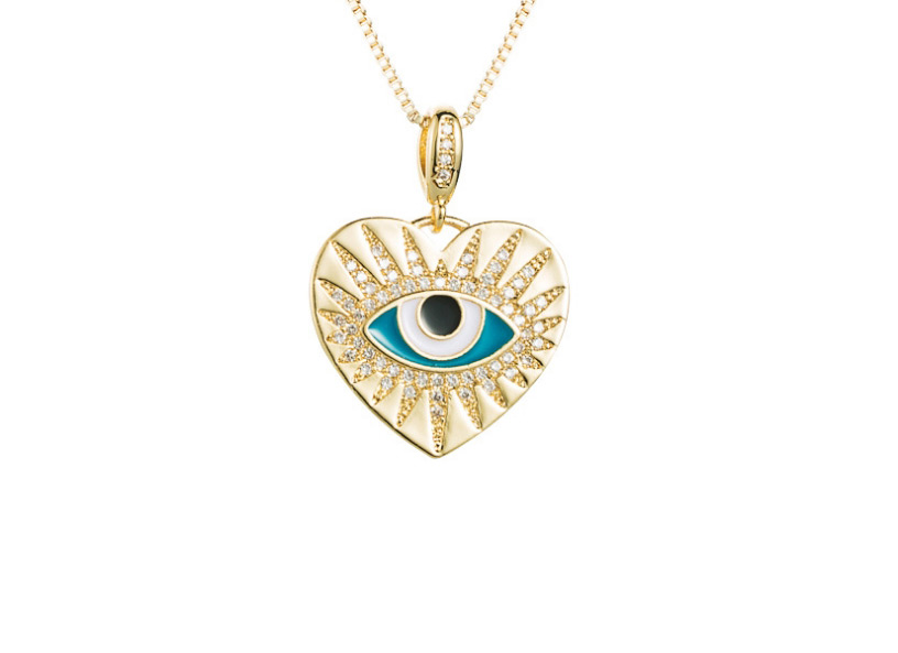 Fashion Blue-green Eye Drop Oil Heart Pendant Copper Micro-inlaid Zircon Necklace,Necklaces
