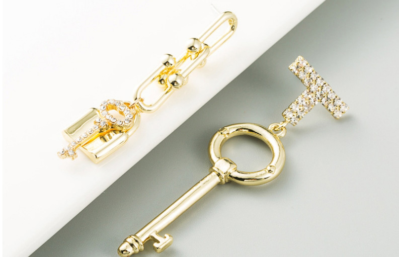 Fashion Gold Color Asymmetrical Alloy Lock Key Diamond Earrings,Drop Earrings