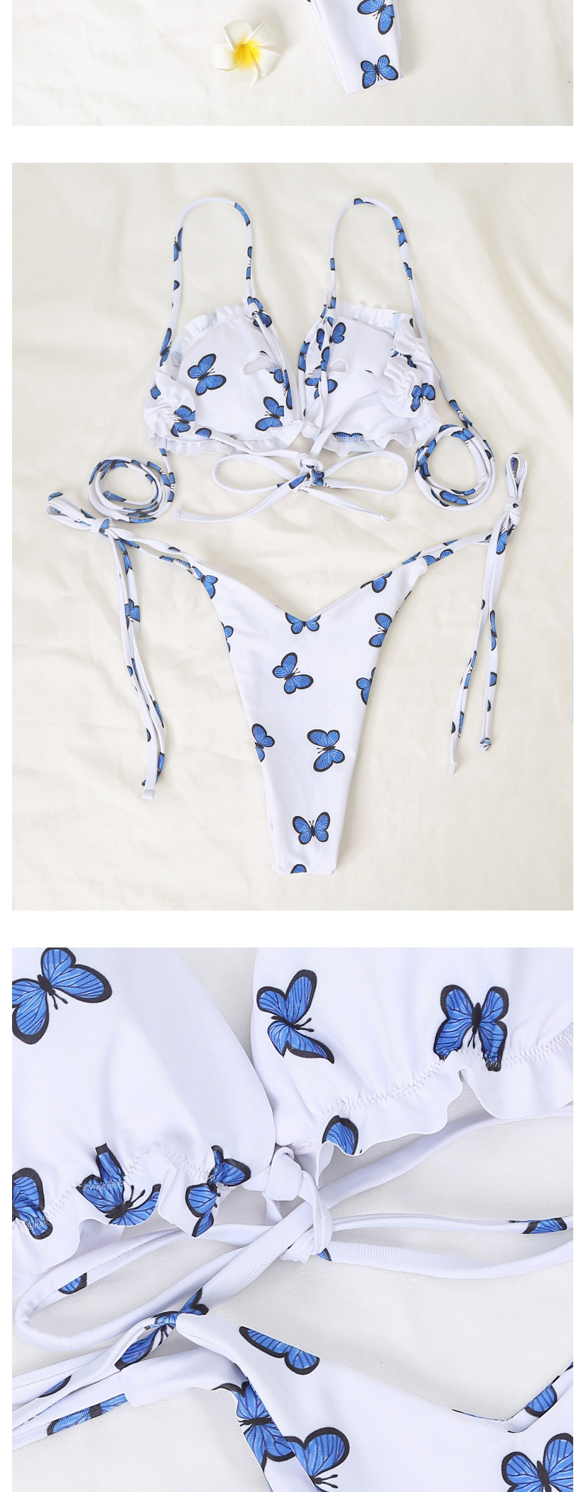 Fashion Royal Blue Strap Butterfly Print Wrinkled Lace Split Swimsuit,Bikini Sets