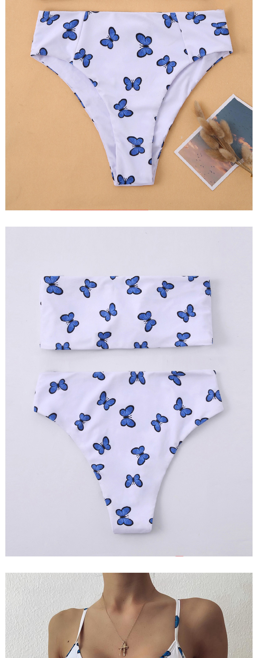 Fashion Royal Blue Strap Butterfly Print Wrinkled Lace Split Swimsuit,Bikini Sets