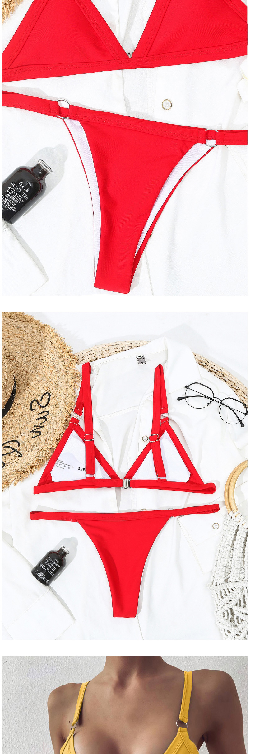 Fashion Add Red Solid Color Triangle Metal Ring Split Swimsuit,Bikini Sets
