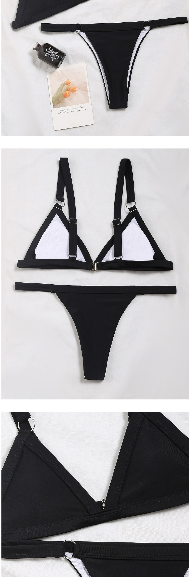 Fashion Black Solid Color Triangle Metal Ring Split Swimsuit,Bikini Sets