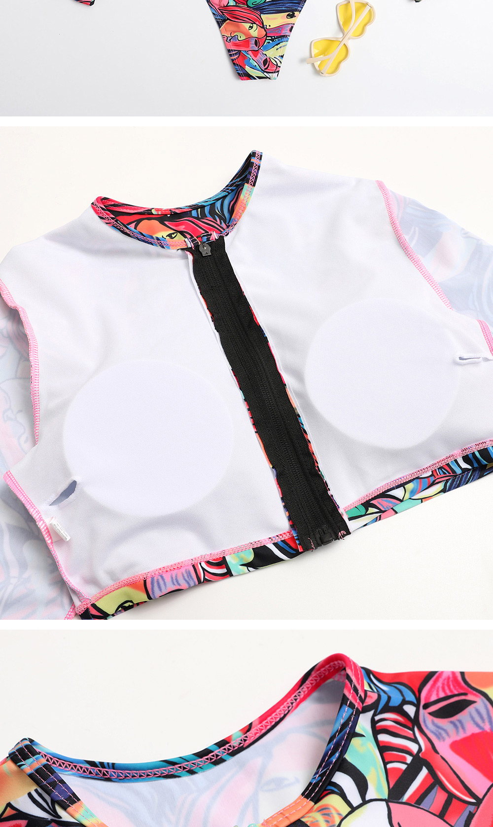 Fashion Checkered Long Sleeve Zipper Print High Waist Large Size Split Swimsuit,Swimwear Sets