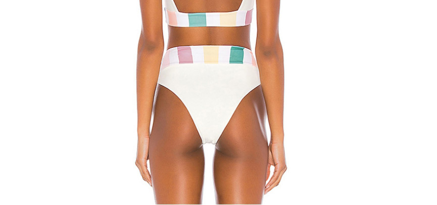 Fashion White Striped Contrast High Waist Split Swimsuit,Swimwear Sets