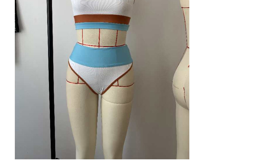 Fashion Brown And Lake Blue High-waisted Special Fabric Stitching Contrast Split Swimsuit,Swimwear Sets