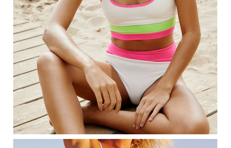 Fashion Fluorescent Green Plus Powder High-waisted Special Fabric Stitching Contrast Split Swimsuit,Swimwear Sets