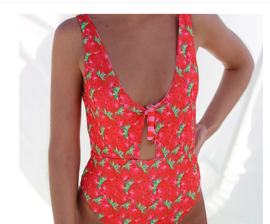 Fashion Red Strawberry High Waist Printed Cutout One-piece Swimsuit,One Pieces