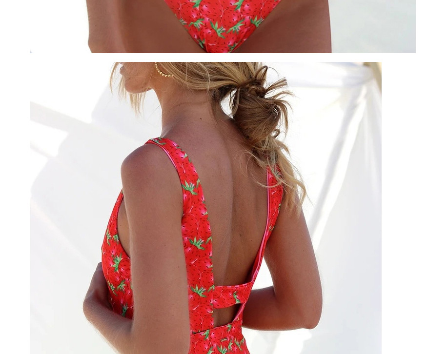 Fashion Blue Strawberry High Waist Printed Cutout One-piece Swimsuit,One Pieces