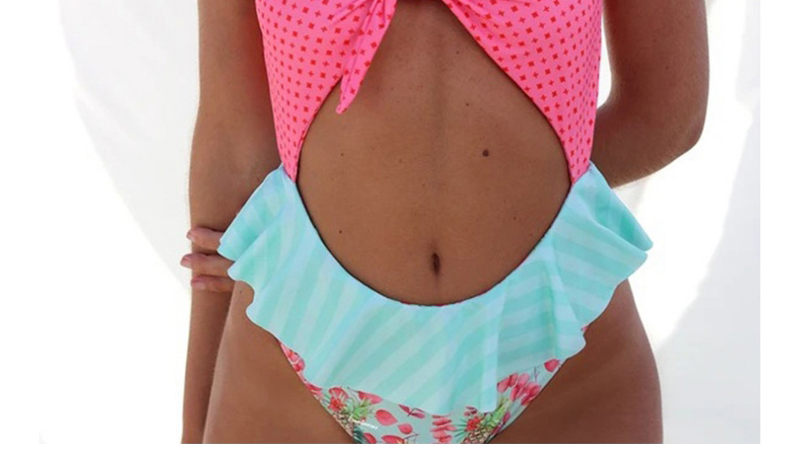 Fashion Purple Bow Print Contrast Color Open Back High Waist One-piece Swimsuit,One Pieces
