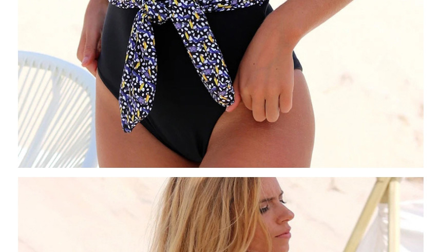 Fashion Black High Waist Special Fabric Printed Bow Split Swimsuit,One Pieces