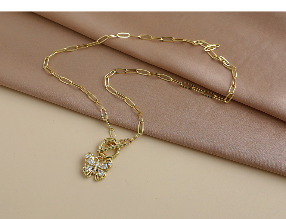 Fashion Golden Copper Inlaid Zircon Thick Chain Butterfly Necklace,Necklaces