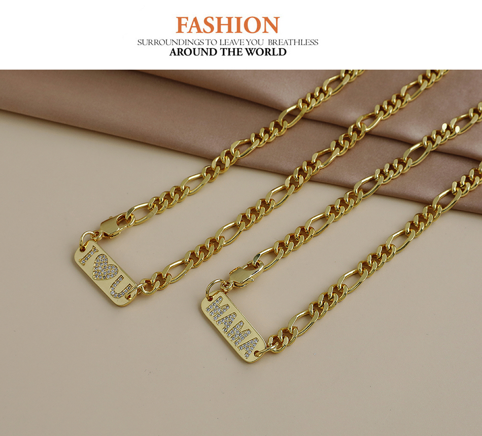 Fashion Golden Copper Inlaid Zircon Thick Chain Letter Necklace,Necklaces