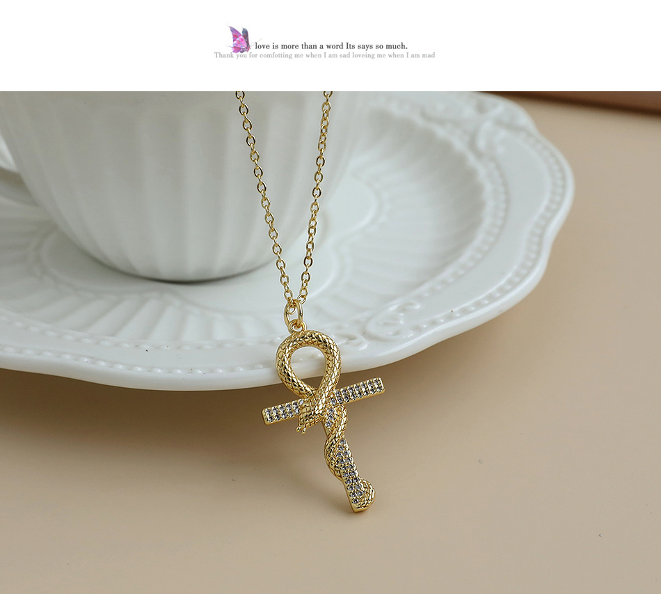 Fashion Golden Copper Inlaid Zircon Fine Chain Cross Serpentine Necklace,Necklaces