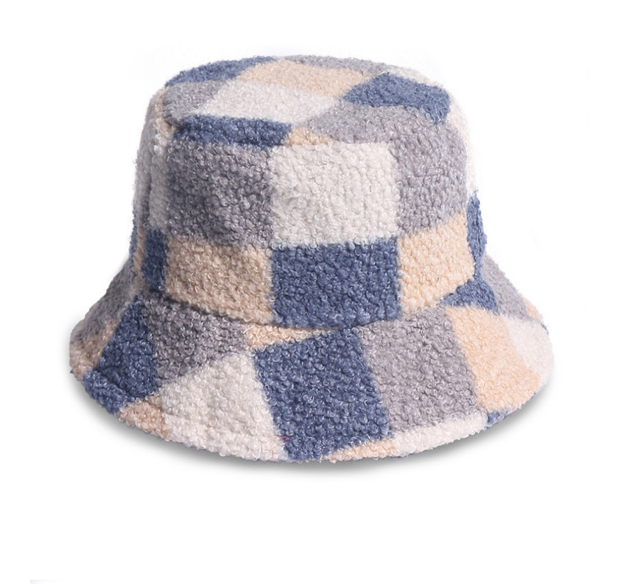 Fashion Gray Lamb Velvet Plaid Contrast Color Fisherman Hat,Beanies&Others