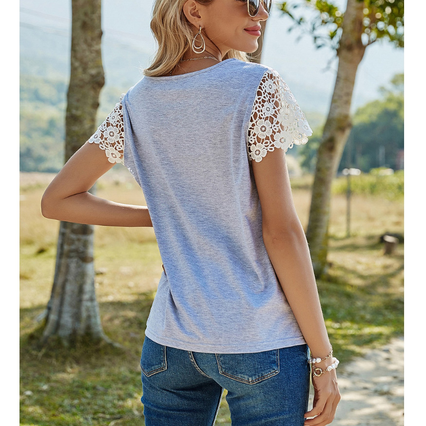 Fashion Flower Ash Pure Color Pullover Loose Round Neck Lace Short Sleeve T-shirt,Hair Crown