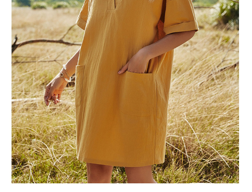 Fashion Turmeric Solid Color V-neck Akimbo Loose Short-sleeved Dress,Mini & Short Dresses