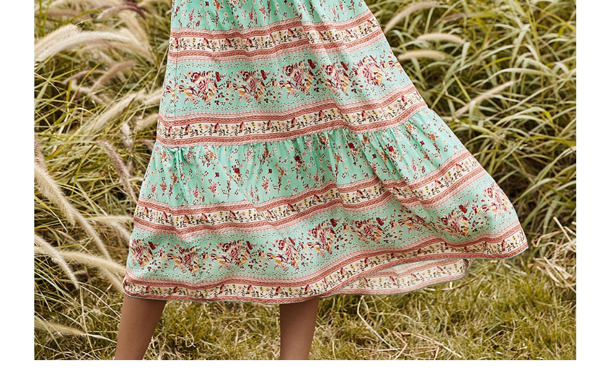 Fashion Green Round Neck Stitching Strap Print Dress,Mini & Short Dresses