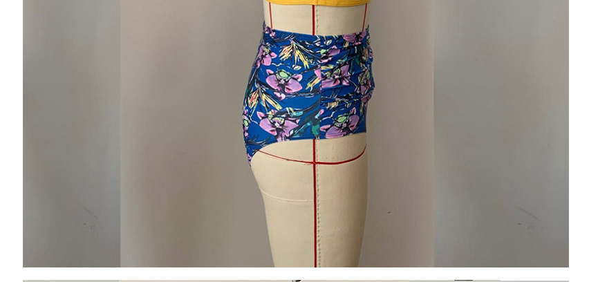 Fashion Yellow High Waist Printed Pleated Split Swimsuit,Bikini Sets
