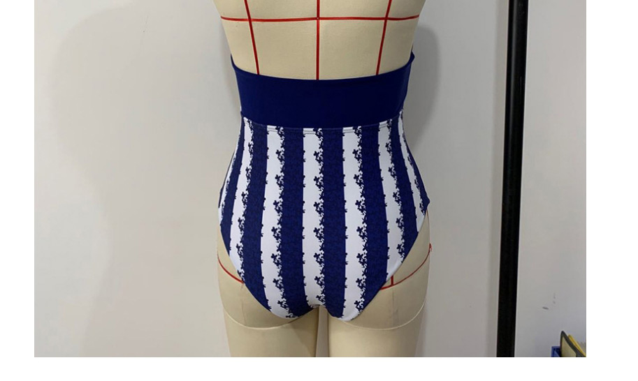 Fashion Blue And White Bars Striped Print High Waist One-piece Swimsuit,One Pieces