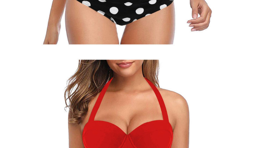 Fashion Rose Red Hard Cover High Waist Contrast Color Polka Dot Print Split Swimsuit,Bikini Sets