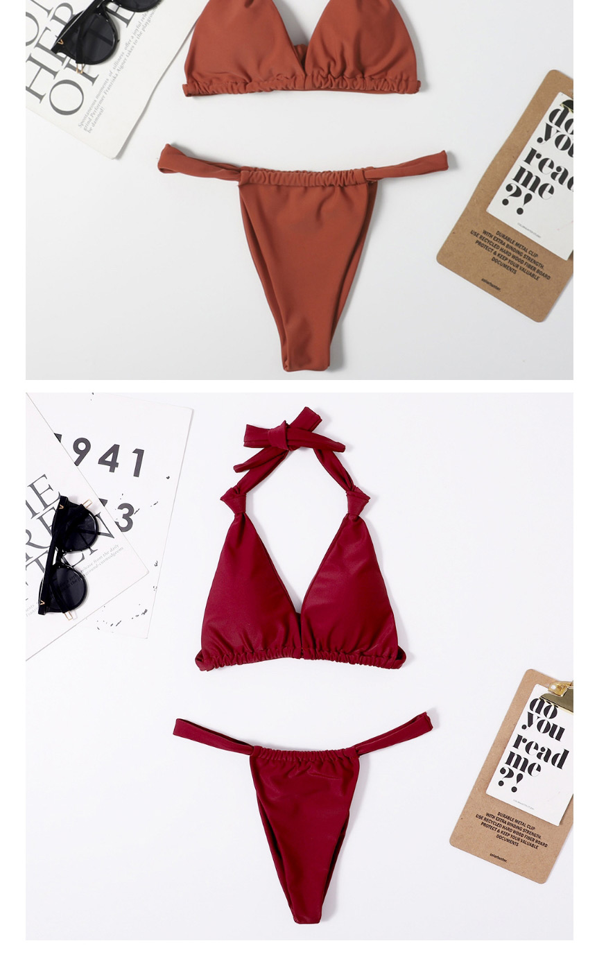 Fashion Brown Solid Color Pleated Buckle Strap Split Swimsuit,Bikini Sets