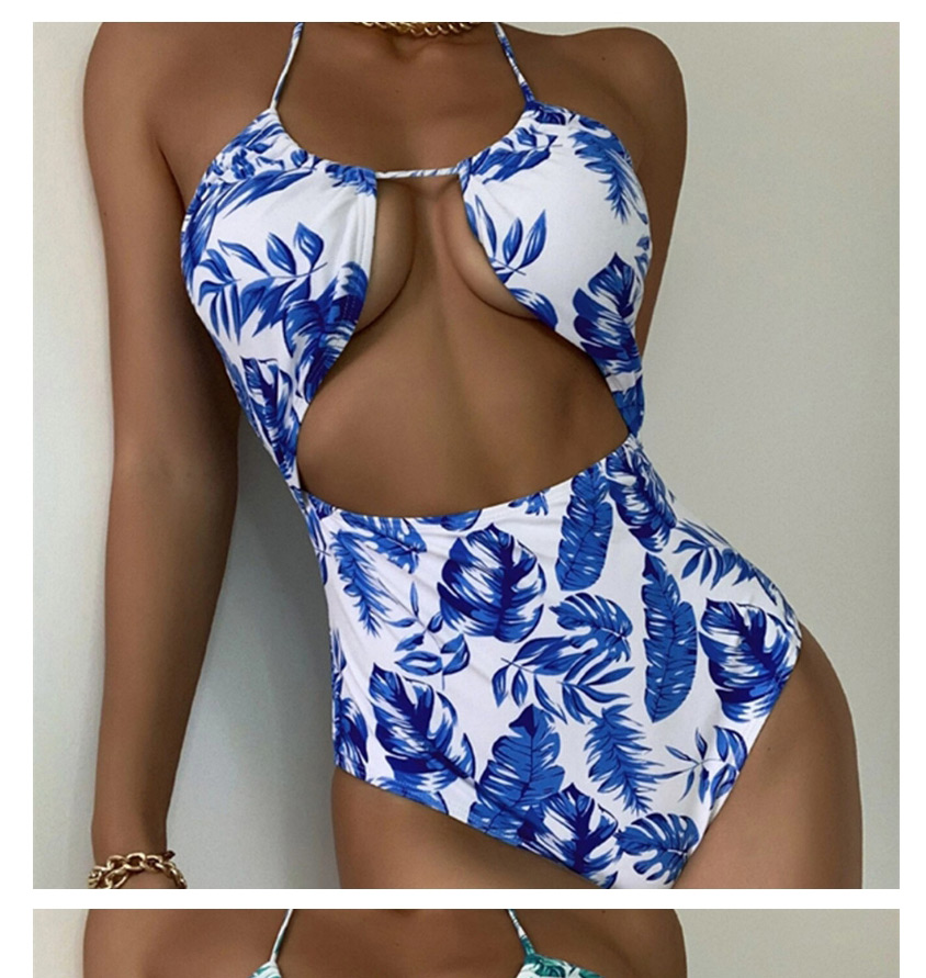 Fashion Blue Leaf Print Halterneck High Waist One-piece Swimsuit,One Pieces