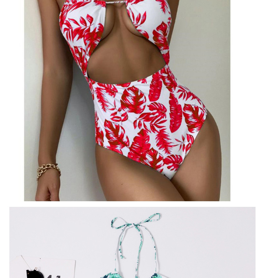 Fashion Red Leaf Print Halterneck High Waist One-piece Swimsuit,One Pieces