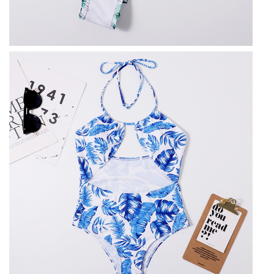 Fashion Blue Leaf Print Halterneck High Waist One-piece Swimsuit,One Pieces