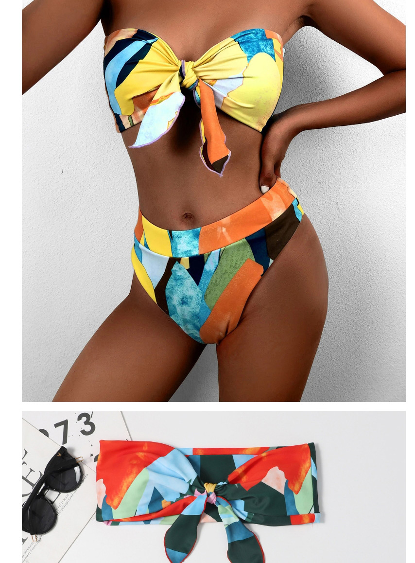 Fashion Green Tube Top High Waist Printed Knotted Contrast Color Split Swimsuit,Bikini Sets
